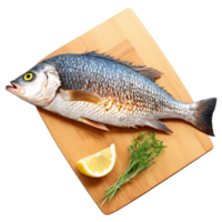 ai generiert ein Seite Aussicht von ein gegrillt ganze Fisch, präsentieren es ist knusprig Haut und flockig Fleisch, png