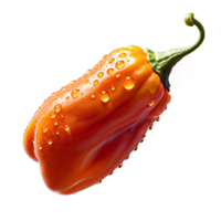 AI Generated A close-up shot of a single orange Caribbean Red Habanero pepper, with water droplets png