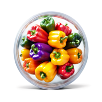 AI Generated A mix of fresh, colorful bell pepper slices in a round glass container, photographed from the side, png