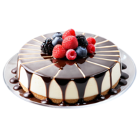 AI Generated cheesecake in a round, clear glass dish, topped with fresh berries png