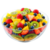 ai generado vibrante y vistoso Fruta ensalada en un transparente vaso bol, lleno con un variedad de Fresco frutas png