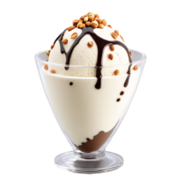 AI Generated Creamy vanilla ice cream in a cylindrical glass vase, shot from a low angle, with a drizzle of chocolate, isolated on transparent background png