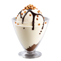 AI Generated Creamy vanilla ice cream in a cylindrical glass vase, shot from a low angle, with a drizzle of chocolate, isolated on transparent background png