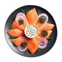 AI Generated An overhead view of a smoked salmon platter, showcasing thinly sliced smoked salmon, garnished with capers png