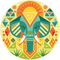 Front view of African mask shaped like an elephant head in geometric style with warm colors vector