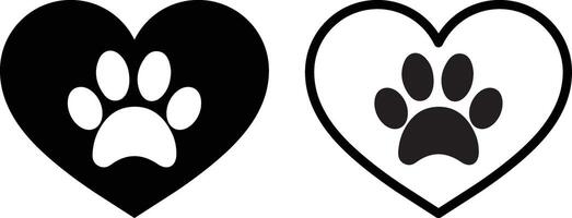 Pet paw print and heart icon set in two styles isolated on white background . paw print dog vector and heart