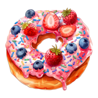 AI generated Sweet donut with colored sprinkles, pieces of strawberries, blueberries and glaze. Luscious illustration for cafe and menu design. png