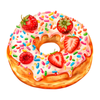 AI generated A sweet doughnut with colored sprinkles, pieces of strawberries, blueberries and icing. png