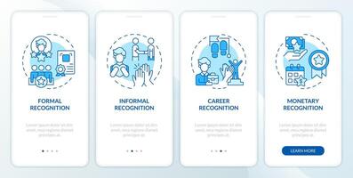 Types of employee recognition blue onboarding mobile app screen. Walkthrough 4 steps editable graphic instructions with linear concepts. UI, UX, GUI template vector