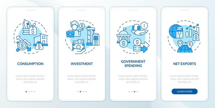 Socioeconomic financial statements blue onboarding mobile app screen. Walkthrough 4 steps editable graphic instructions with linear concepts. UI, UX, GUI template vector