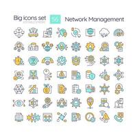 Network management RGB color icons set. System architecture, digital administration. Performance monitoring. Isolated vector illustrations. Simple filled line drawings collection. Editable stroke