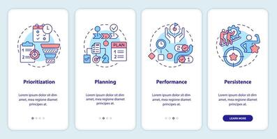 Time management prioritization onboarding mobile app screen. Walkthrough 4 steps editable graphic instructions with linear concepts. UI, UX, GUI template vector