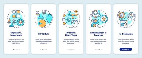 Prioritization principles onboarding mobile app screen. Walkthrough 5 steps editable graphic instructions with linear concepts. UI, UX, GUI template vector