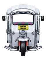 Sliver three wheel motorcycle with message TUK TUK Thailand on yellow license plate png