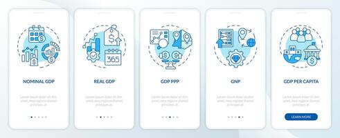 Macro economy financial statements blue onboarding mobile app screen. Walkthrough 5 steps editable graphic instructions with linear concepts. UI, UX, GUI template vector