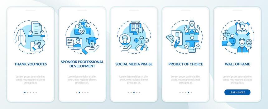 Employee acknowledgement blue onboarding mobile app screen. Walkthrough 5 steps editable graphic instructions with linear concepts. UI, UX, GUI template vector