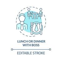 Lunch or dinner with boss soft blue concept icon. Boss and employee one on one meeting. Business meal. Employee recognition. Round shape line illustration. Abstract idea. Graphic design. Easy to use vector