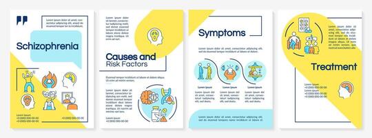 Schizophrenia blue and yellow brochure template. Leaflet design with linear icons. Symptoms, treatment. Editable 4 vector layouts for presentation, annual reports