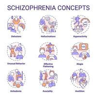 Schizophrenia disorder multi color concept icons. Icon pack. Vector images. Round shape illustrations for infographic, presentation, brochure, booklet, promotional material. Abstract idea