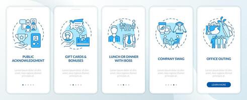 Employee recognition ideas blue onboarding mobile app screen. Walkthrough 5 steps editable graphic instructions with linear concepts. UI, UX, GUI template vector