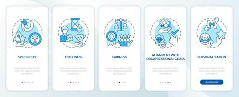 Employee recognition criteria blue onboarding mobile app screen. Walkthrough 5 steps editable graphic instructions with linear concepts. UI, UX, GUI template vector