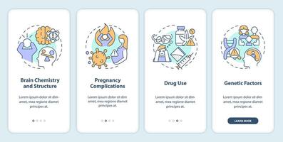 Schizophrenia causes onboarding mobile app screen. Risk factors. Walkthrough 4 steps editable graphic instructions with linear concepts. UI, UX, GUI template vector