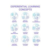 Experiential learning blue gradient concept icons. Reflective practice. Accelerated learning. Team building. Icon pack. Vector images. Round shape illustrations for promotional material. Abstract idea