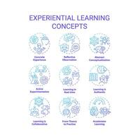 Experiential learning blue gradient concept icons. Reflective practice. Accelerated learning. Team building. Icon pack. Vector images. Round shape illustrations for promotional material. Abstract idea