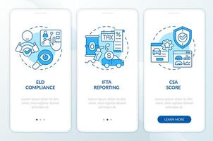 Customer service measurements blue onboarding mobile app screen. Walkthrough 3 steps editable graphic instructions with linear concepts. UI, UX, GUI template vector