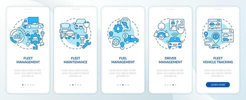 Car fleet management blue onboarding mobile app screen. Walkthrough 5 steps editable graphic instructions with linear concepts. UI, UX, GUI template vector