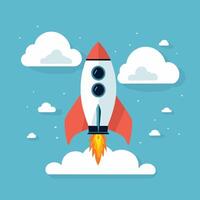 Rocket launch illustration with clouds vector art