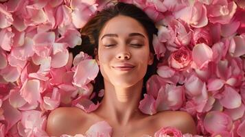 AI generated A woman lies in bliss among a sea of pink petals her expression one of pure joy and relaxation photo