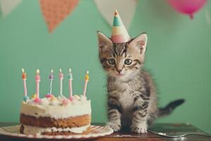 AI generated A small kitten wearing a birthday hat sitting in front of a birthday cake on a green background. photo