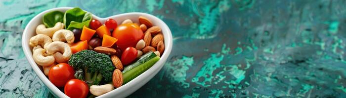 AI generated A heart-shaped bowl filled with a variety of healthy nuts and vegetables on a soothing green background. photo