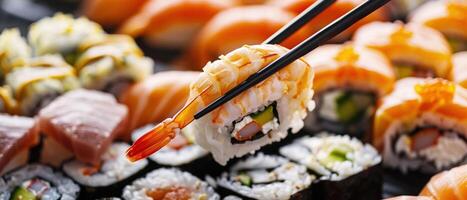 AI generated A close-up of a delicious selection of sushi with chopsticks picking up a piece photo