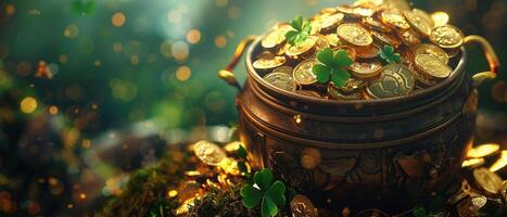 AI generated A pot full of gold coins and shamrocks representing wealth and luck on St. Patricks Day. photo