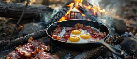 ai generado un abundante desayuno de tocino y huevos chisporrotea en un emitir hierro sartén terminado un abierto hoguera foto