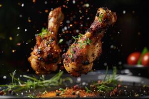 AI generated A Spiced chicken drumsticks levitating in a dynamic display with a burst of herbs and spices against a dark backdrop. photo