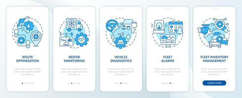 Vehicle diagnostics system blue onboarding mobile app screen. Walkthrough 5 steps editable graphic instructions with linear concepts. UI, UX, GUI template vector