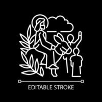 Triumphal entry into Jerusalem white linear icon for dark theme. Palm Sunday. Start of holy week. Jesus Christ riding donkey. Isolated vector illustration. Simple filled line drawing. Editable stroke