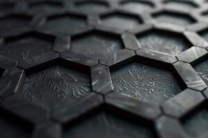 ai generado un de cerca de un 3d hexagonal modelo en un resumen negro geométrico antecedentes. foto