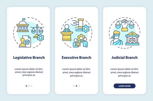 Branches of government onboarding mobile app screen. Walkthrough 3 steps editable graphic instructions with linear concepts. UI, UX, GUI template vector