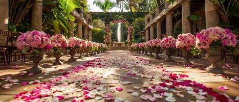 AI generated A Romantic and lush wedding ceremony pathway lined with rose petals and floral arrangements leading to a fountain photo