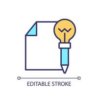 Creative writing RGB color icon. Paper and pen with lightbulb. Creative process. Taking notes. Brainstorming symbol. Isolated vector illustration. Simple filled line drawing. Editable stroke