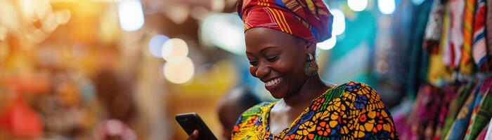 AI generated A smiling African woman dressed in traditional attire uses her smartphone in a vibrant market setting photo