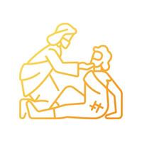 Good samaritan gradient linear vector icon. Parable told by Jesus Christ. Samaritan helps injured traveler. Thin line color symbol. Modern style pictogram. Vector isolated outline drawing