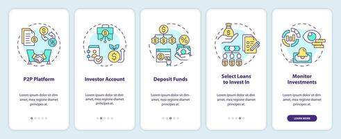 Lending for investors onboarding mobile app screen. P2P platform walkthrough 5 steps editable graphic instructions with linear concepts. UI, UX, GUI template vector