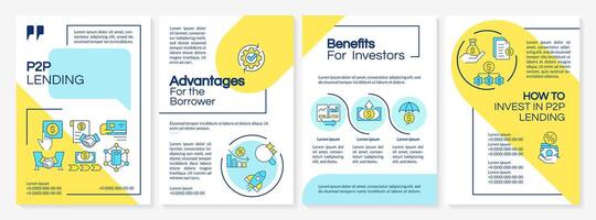 P2P platform blue and yellow brochure template. Money lending. Leaflet design with linear icons. Editable 4 vector layouts for presentation, annual reports