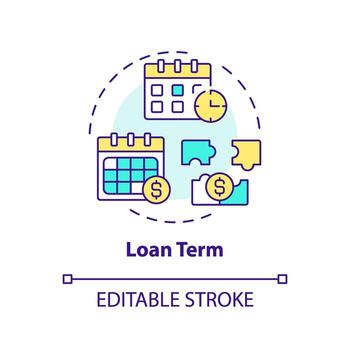 Loan term multi color concept icon. Borrowers repayment schedule and total amount of interest. Round shape line illustration. Abstract idea. Graphic design. Easy to use in marketing vector
