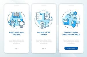 LLM types onboarding mobile app screen. Artificial intelligence. Walkthrough 3 steps editable graphic instructions with linear concepts. UI, UX, GUI template vector